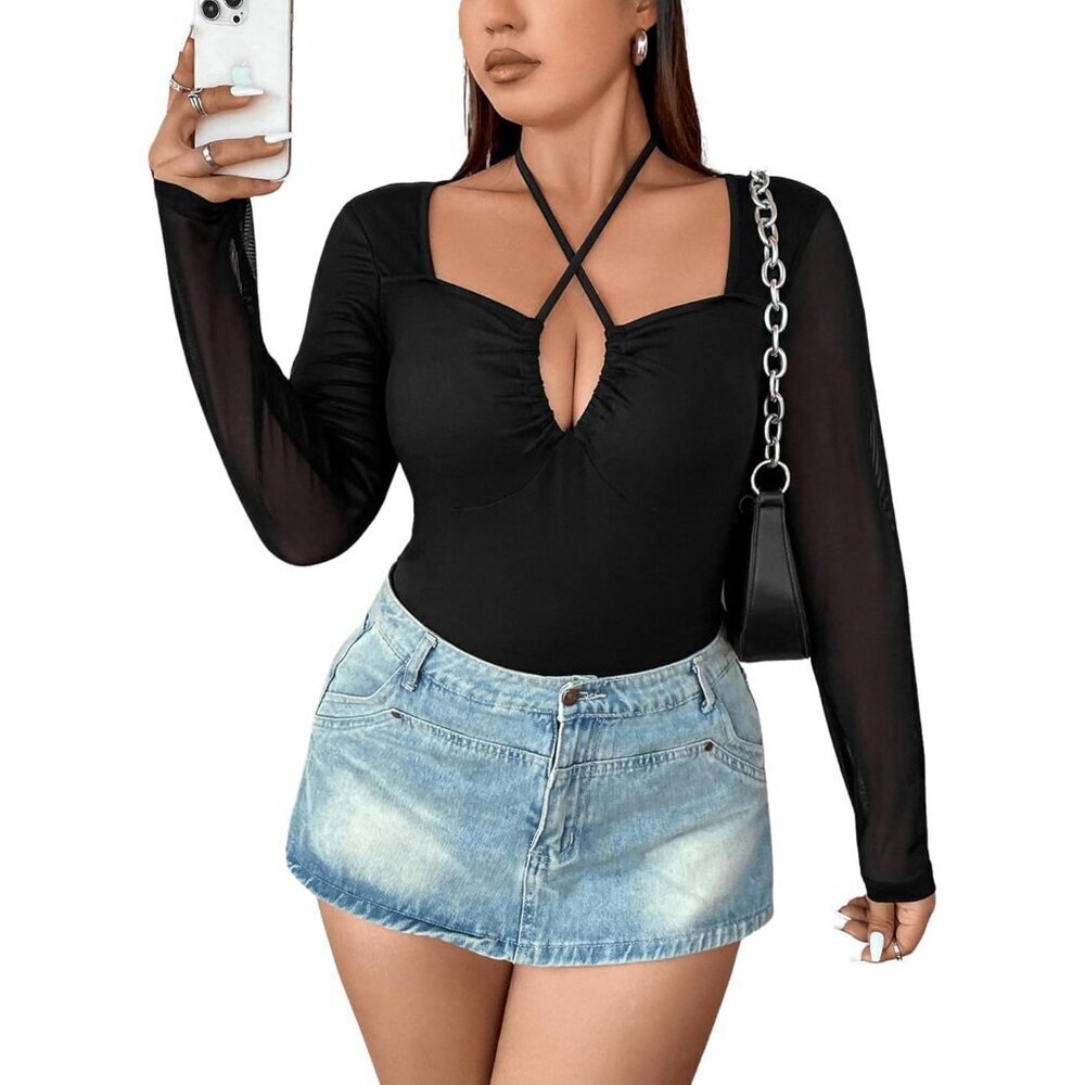 Plus Size Long Sleeve Mesh Top V Neck Criss Cross Going Out Blouse